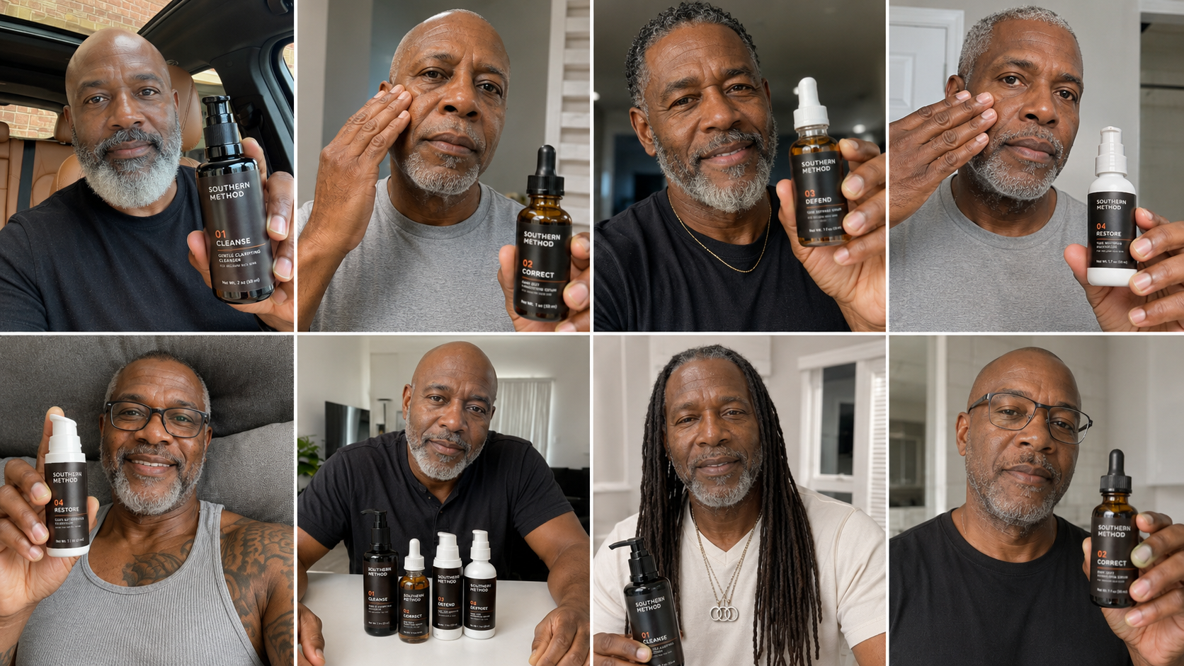 Grid of Black men over 50 holding Southern Method products